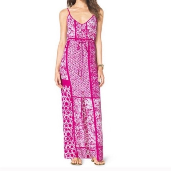 Michael Kors Dresses & Skirts - Michael Kors Pink Patchwork Maxi Dress W/Front Slit Size XS
